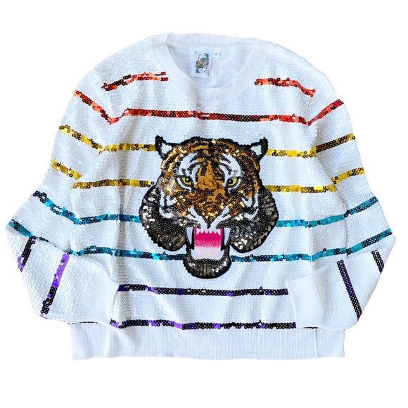 QUEEN OF SPARKLES Sweaters - Queen of Sparkles rainbow striped sequined tiger head face sweatshirt size S